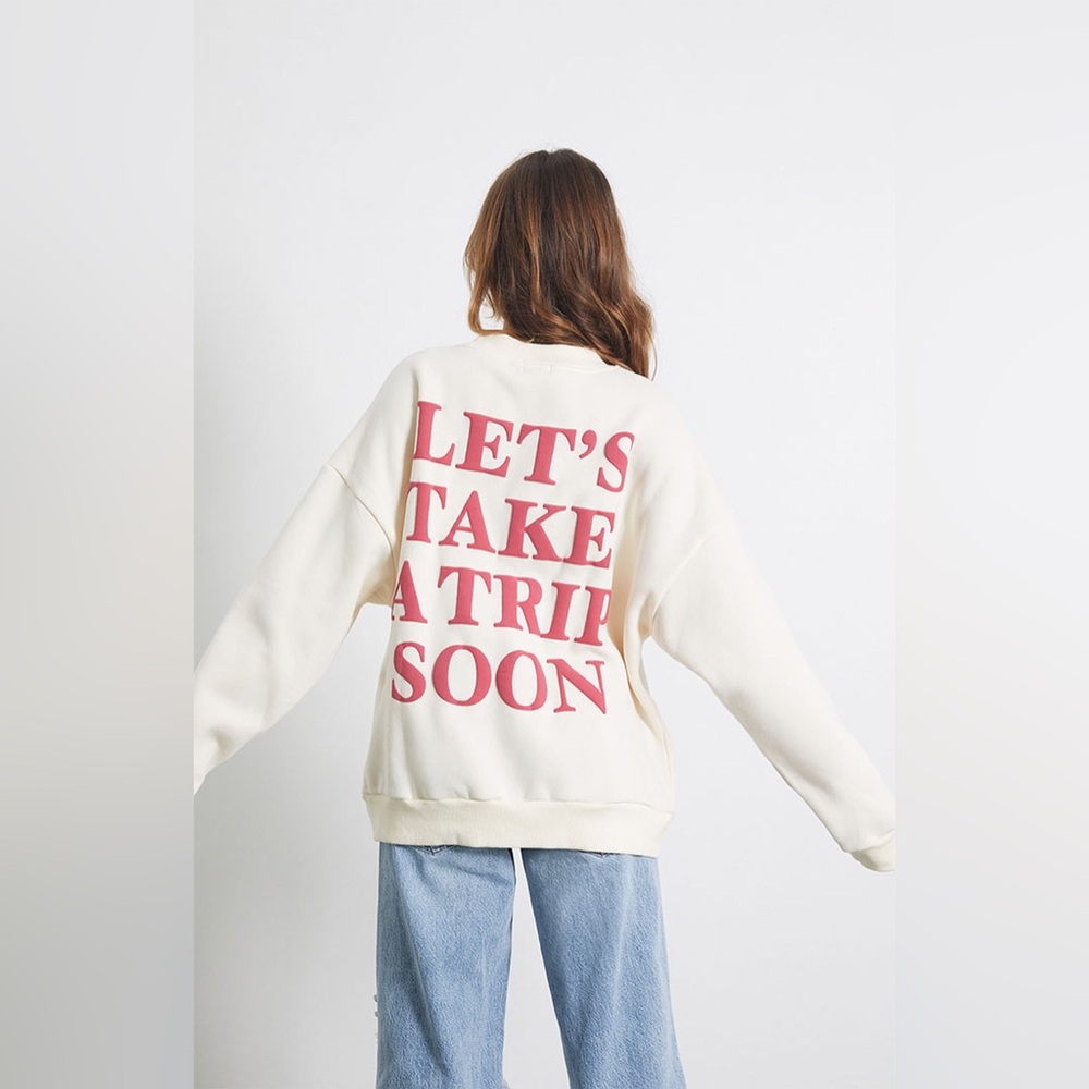 YLLW Let's Take A Trip Soon Crew Neck Sweatshirt Pullover cream yellow the label